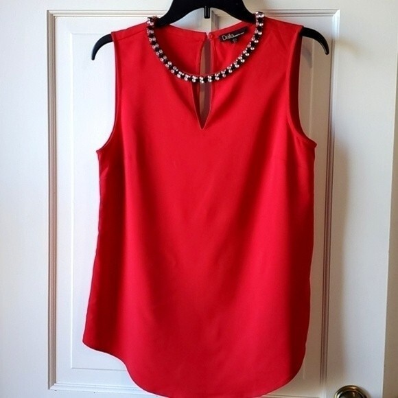 DALIA RED JEWEL NECK RHINESTONE SHELL BLOUSE TOP SIZE SMALL HOLIDAY EVENING - Picture 1 of 9